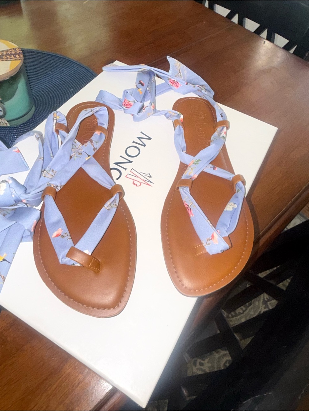 NWOT Aqua Bendita LT Blue Floral Wrap Around Tan Leather Sandals